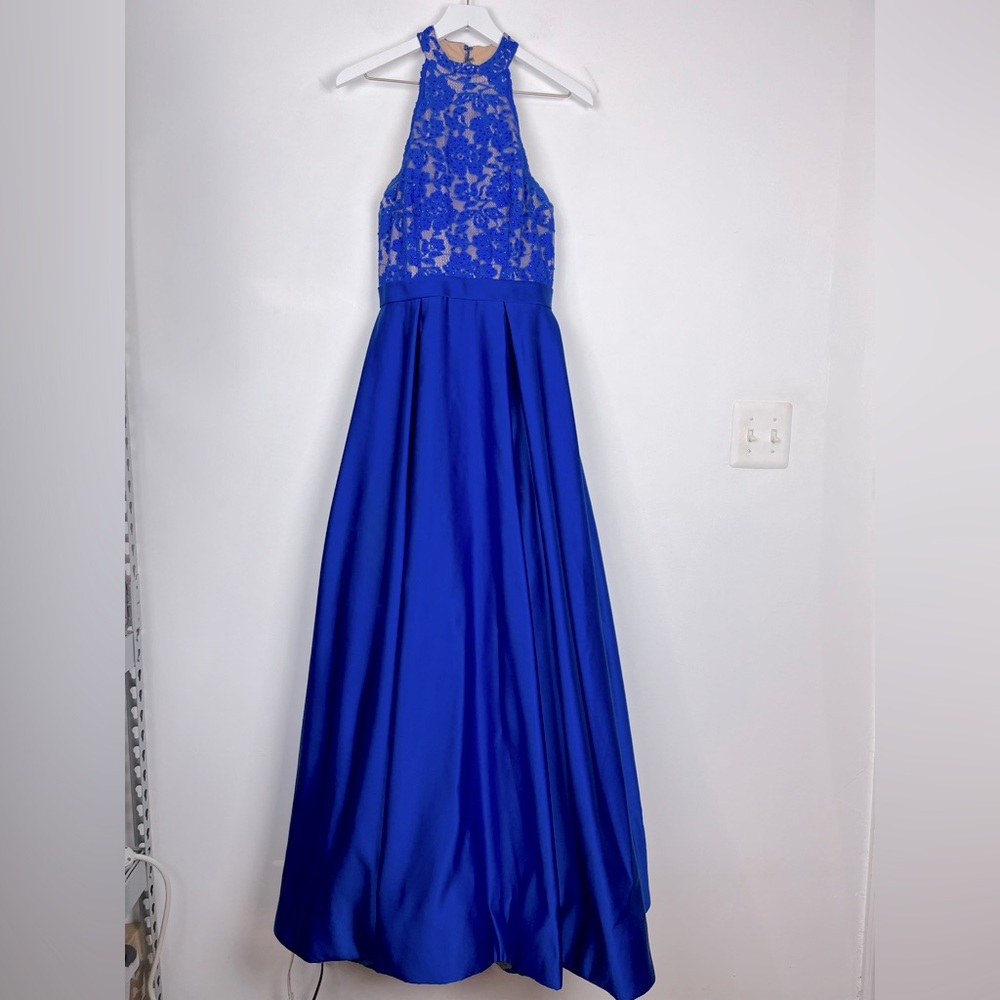 Jovani Blue Lace High Neck Lace Bodice Satin Long Dress Corset Back - Picture 1 of 16
